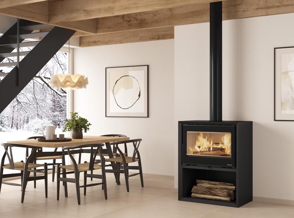 Poêle à bois raccordable La Nordica Dante.16 avec range-bûches 12.4 kW