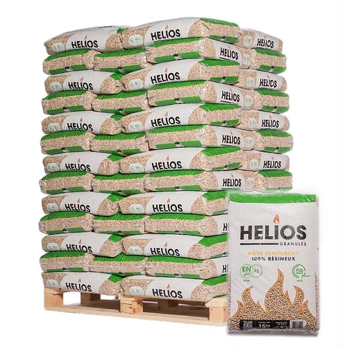 Granulés de bois Helios DIN Plus et EN Plus A1 en sac transparent – Palette de 65 sacs de 15 kg